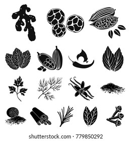 Herb and spices black icons in set collection for design.Different kinds of seasonings vector symbol stock web illustration.