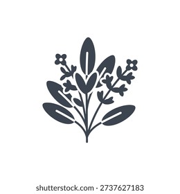 Herb Sprig with Small Flowers, Dark Silhouette Flat Botanical Icon