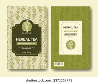 Herb tea label package with nature, organic rosemary. Vintage craft botanical doodle herbal sketch