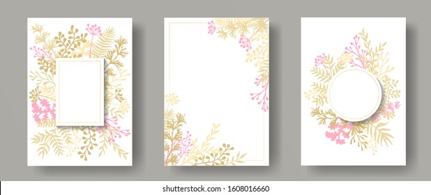 Herb twigs wedding invitation cards  templates. Tree branches, flowers floral herbal corners romantic invitation cards with dandelion flowers, fern, lichen, olive branches, savory twigs.