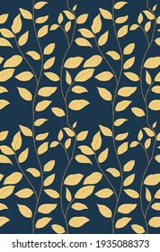 herb vector seamless pattern on dark blue background with yellow leaves and branches, contacts colour scheme