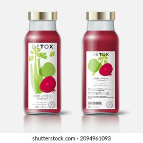 Hierba, verduras y desintoxicación de frutas. La remolacha, el apio y la mezcla de manzanas. Hermosa transparencia y frutos cortados. Plantilla de frasco con etiquetas faciales y traseras.