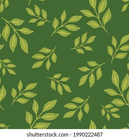 Herbal abstract seamless pattern with random leaf branches shapes. Green background. Foliage ornament. Flat vector print for textile, fabric, giftwrap, wallpapers. Endless illustration.