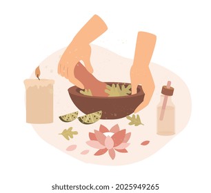 Herbal Aroma Therapy concept. Women hands grind plants and make therapeutic ointment with pleasant aroma. Emotional relaxation and rest. Cartoon flat vector illustration isolated on white background