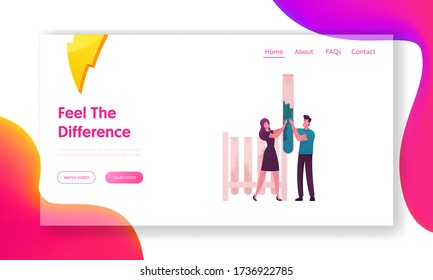 Herbal Aroma Therapy Cosmetic Perfumery Production Landing Page Template. Tiny Characters Holding Huge Test Tube with Essential Oil in Lab. Floral Toilet Water Fragrance. Cartoon Vector Illustration