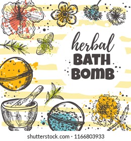 Herbal bath bomb concept design. Hand drawn vector illustration. Can be used for organic shop, heathcare, spa, aromatherapy, handmade cosmetic, logo, sticker, label, gift, icon.