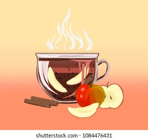 Herbal black leaf tea with cinnamon and apples. Vitamin diet drink for detox, slimming and cleansing the body.Vector illustration for packing recipes, web pages cover. International Tea Day
