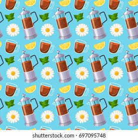 Herbal black tea seamless pattern. Colorful breakfast background with tea pots and chamomile. Colorful template for cooking and restaurant menu.