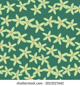 Herbal blossom seamless pattern with light green flowers. Turquoise background. Perfect for fabric design, textile print, wrapping, cover. Vector illustration.