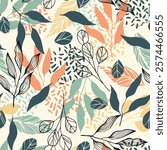 Herbal boho leaves hand drawn seamless pattern. Botanical background. Vector tile for textile design, wrapping paper, decoration, web, social media