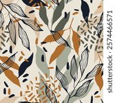 Herbal boho leaves hand drawn seamless pattern. Botanical background. Vector tile for textile design, wrapping paper, decoration, web, social media
