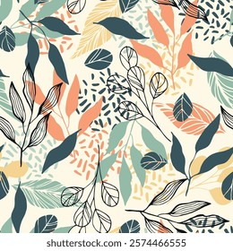 Herbal boho leaves hand drawn seamless pattern. Botanical background. Vector tile for textile design, wrapping paper, decoration, web, social media