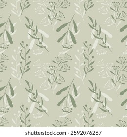 Herbal botanical pattern with doodle stylized twigs green color on pastel green background. Textile.