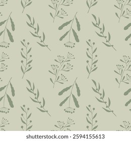 Herbal botanical pattern with green twigs on soft pastel background. Textile.