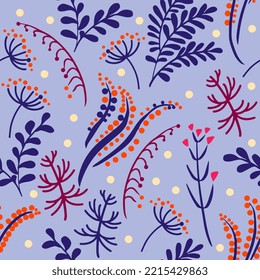 Herbal botanical vector seamless ornament. Leaves, herbs and berries pattern. Herbal textile print. 