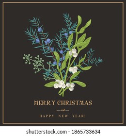 Herbal bouquet with winter plants. Vintage botanical illustration. Vector Christmas arrangements with mistletoe, rocky juniper, eucalyptus seeds. Black background. 