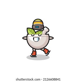 herbal bowl cartoon as an ice skating player doing perform , cute style design for t shirt, sticker, logo element