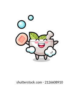 herbal bowl character is bathing while holding soap , cute style design for t shirt, sticker, logo element