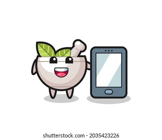 herbal bowl illustration cartoon holding a smartphone , cute style design for t shirt, sticker, logo element