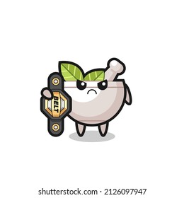 herbal bowl mascot character as a MMA fighter with the champion belt , cute style design for t shirt, sticker, logo element