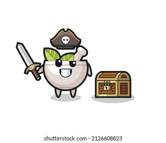 the herbal bowl pirate character holding sword beside a treasure box , cute style design for t shirt, sticker, logo element