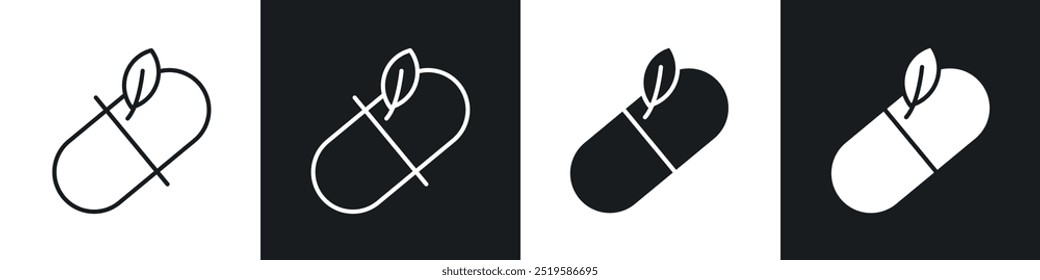Herbal capsule icon collection in black and white filled and stroke line style.