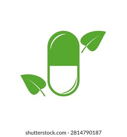 Herbal capsule with leaves green vector icon. Natural alternative medicine concept.