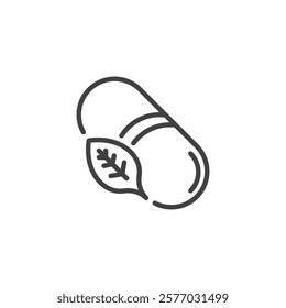Herbal Capsule line icon. linear style sign for mobile concept and web design. A capsule pill with a leaf outline vector icon. Natural supplement symbol, logo illustration. Vector graphics