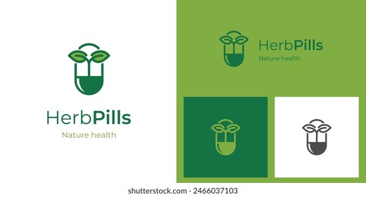 Herbal capsule pill with leaf logo design, traditional medicine drug logo icon design