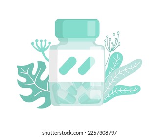 Herbal Capsules in a Bottle against a background of leaves. Concept of alternative Medicine and phytotherapy. Homeopathic and herbal Pills. Flat vector illustration.