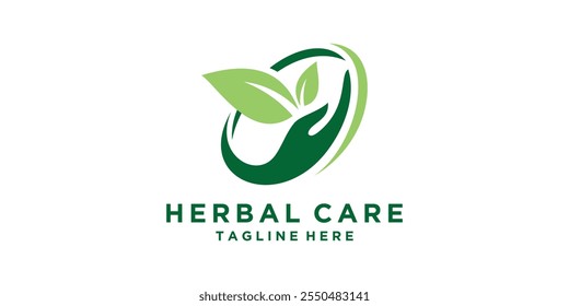 herbal care logo design, hand, leaf, medical, organic, symbol, icon, vector, idea, creative.