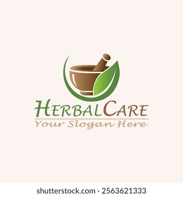 Herbal Care Pharmacy Logo fully editable vector template and Medical Icon, Natural Green Leaf, Mortar and Pestle.