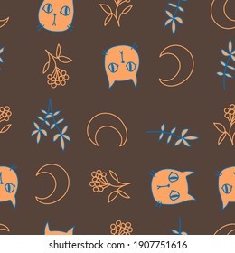 Herbal cat, moon line head art seamless pattern. Good for textile, wrapping, wallpapers, etc. Objects isolated on background. Vector illustration.