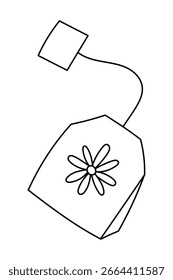 Herbal chamomile tea bag hand drawn doodle linear icon isolated on white background