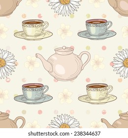 Herbal chamomile tea with cups and teapots on polka dot background seamless pattern. Vintage engraving style