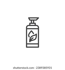 Icono de la línea de aceite para la limpieza de plantas. Señal de estilo lineal del dispensador de jabón líquido para el concepto móvil y el diseño web. Icono vectorial del contorno del frasco de gel de limpieza. Símbolo, ilustración del logotipo. Gráficos vectoriales