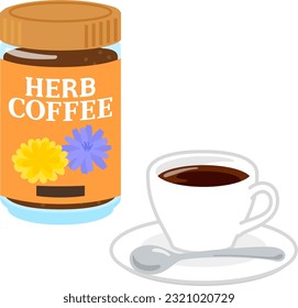 Herbal coffee in a bottle and a cup