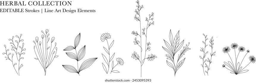 Kräuterliche Kollektion. Editierbare Liniengrafik monochromes Design. Set von linearen Blumendesigns, Medizin Blumen und Pflanzen. Vektorillustration