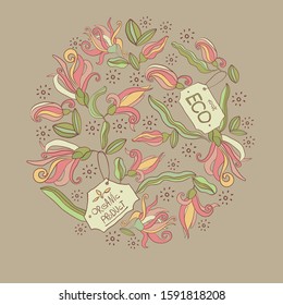 Herbal collection. Organic product. Label for environmentally friendly product.
Emblem. Vector image of flowers. Text written by hand.