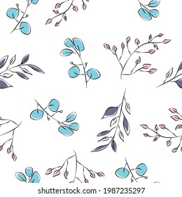 Patrón inmaculado floral y colorido. Siluetas de líneas de diferentes hierbas y hierbas. Vector de fondo con hojas delicadas. 