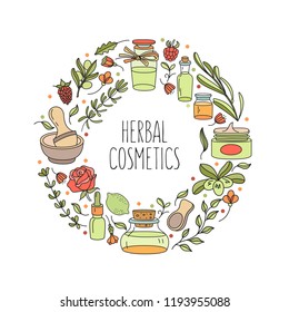 Herbal cosmetics. Aromatic natural oils. . Set of ingredients of natural cosmetics, plants, jars. All illustration elements are isolated and can be used independently in another design.