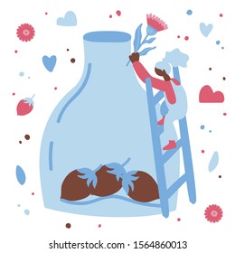 Herbal cosmetics concept. Girl throws a flower in a jar. Vector illustration. 