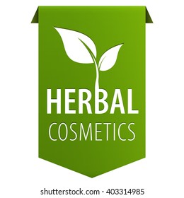 Herbal cosmetics green tag ribbon banner with sprout icon isolated on white background. Natural Organic product. Vector illustration