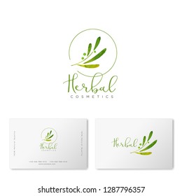 Herbal  cosmetics logo. Green leaves and lettering. Identity. Business card.