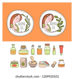 Herbal cosmetics, natural oil. Vector hand drawn illustration for natural eco cosmetics store. A large set of jars with natural oils. Two emblems with a girl and a sprig of olive and eucalyptus.
