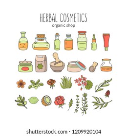 Herbal cosmetics, natural oil. Vector hand drawn illustration for natural eco cosmetics store. A large set of jars with natural oils and ingredients. Plants and flowers.