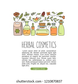 Herbal cosmetics, natural oil. Vector hand drawn illustration for natural eco cosmetics store. Set of jars with plant oils.