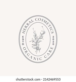 Herbal Cosmetics Oils Abstract Vector Sign, Symbol, Logo Template. Hand Drawn Herbs Branch Illustration with Classy Typography. Nature Health Botanical Care Cosmetics Emblem. Isolated