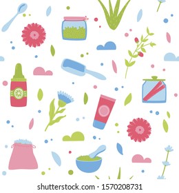 Herbal cosmetics seamless pattern. Hand drawn background. Vector illustration. 