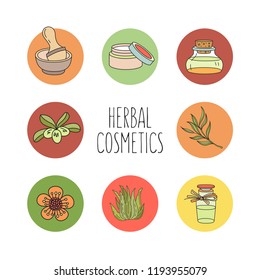 Herbal cosmetics. Set of icons with the image of jars with cosmetics, bottles with natural oils, medicinal plants. Vector linear illustration.